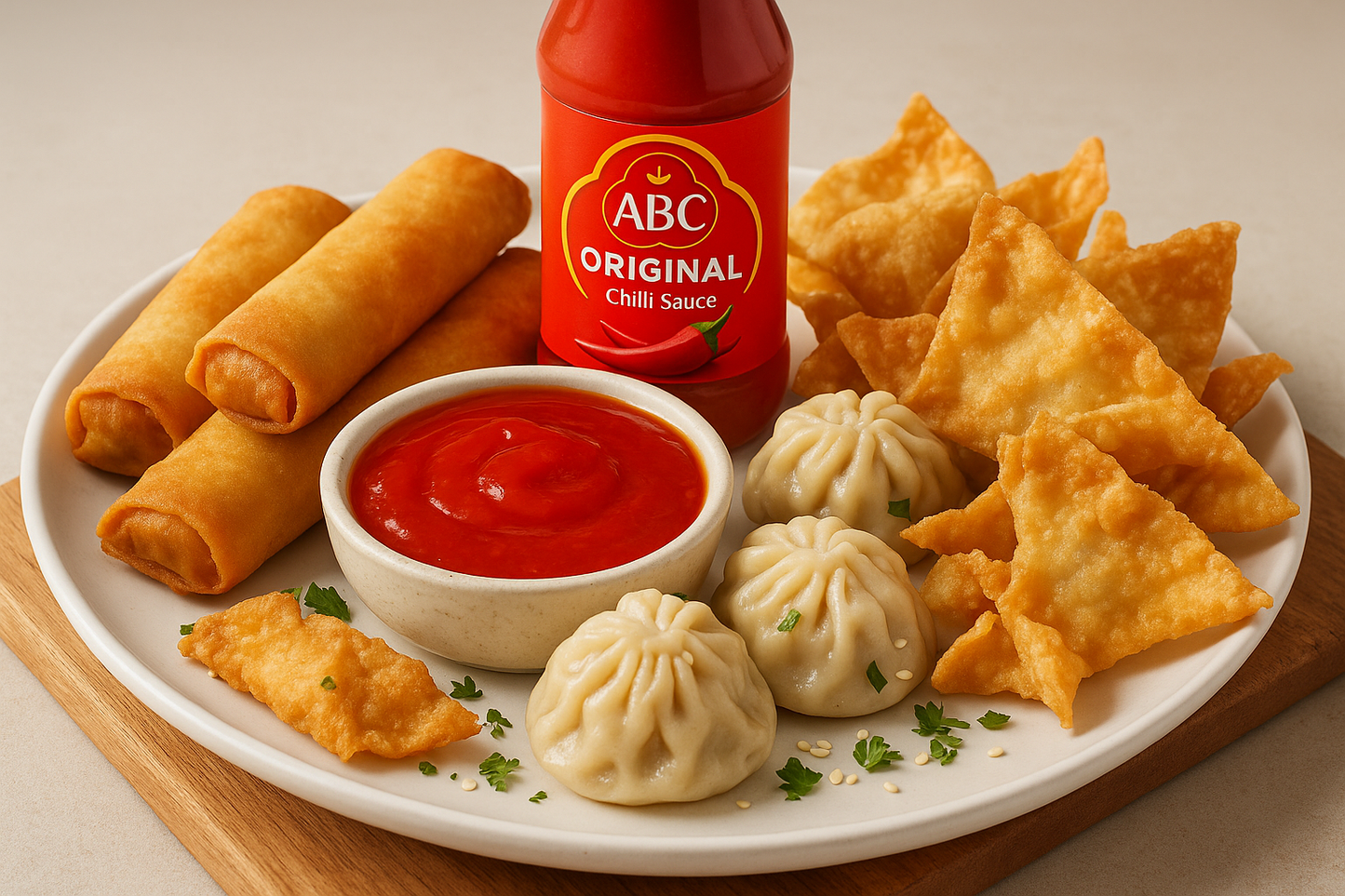 ABC Original chilli sauce with spring rolls, dumplings and fried wontons