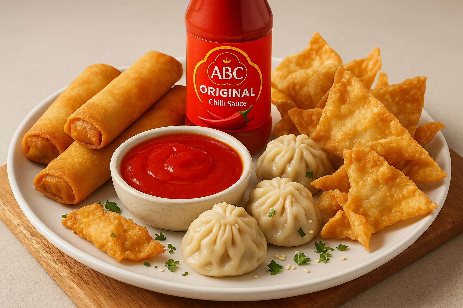 ABC Original chilli sauce with spring rolls, dumplings and fried wontons