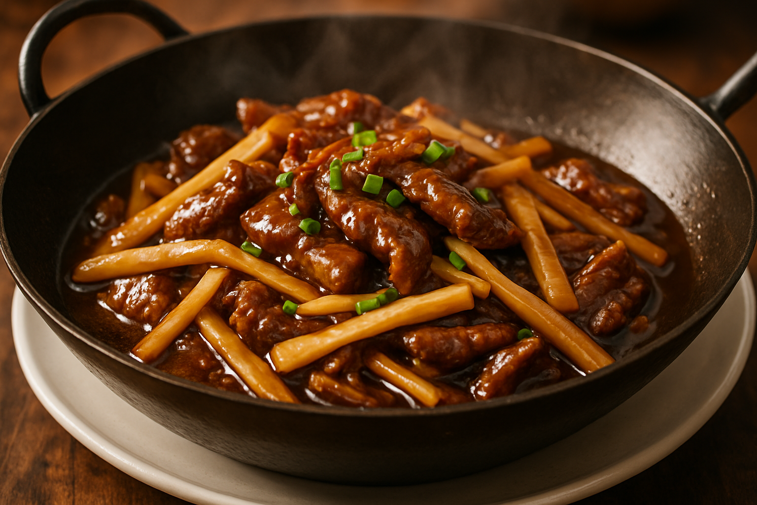 beef with bamboo shoots strips and oyster sauce stir fry