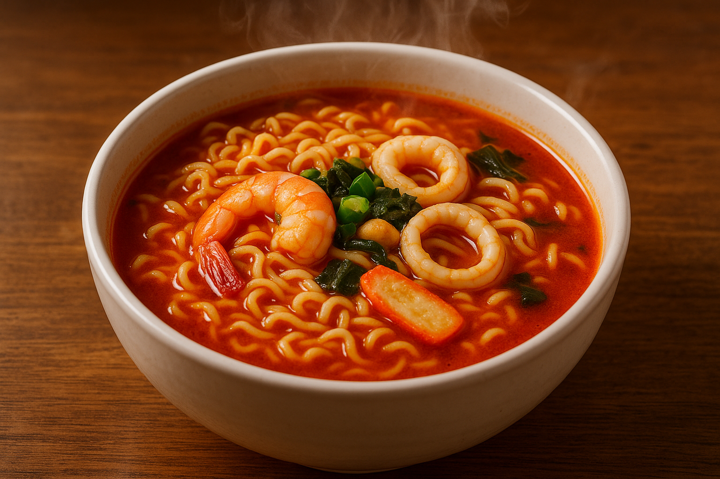 bowl of Nongshim seafood and spicy noodles with seafood in it