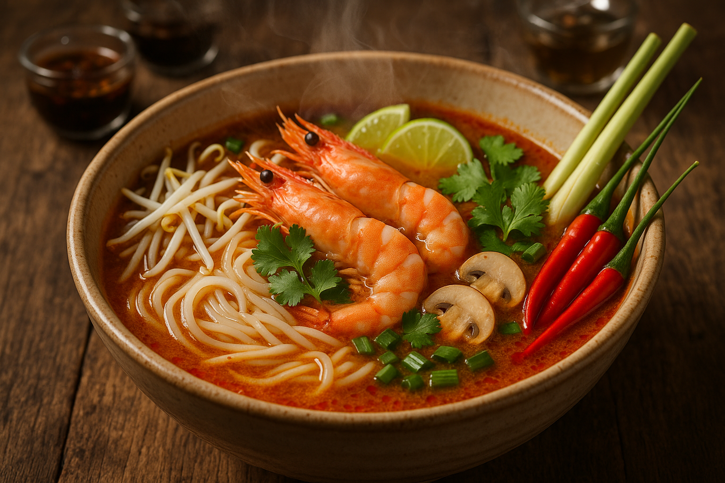 bowl of tom yum shrimp noodles make it look delicious with bean sprouts etc