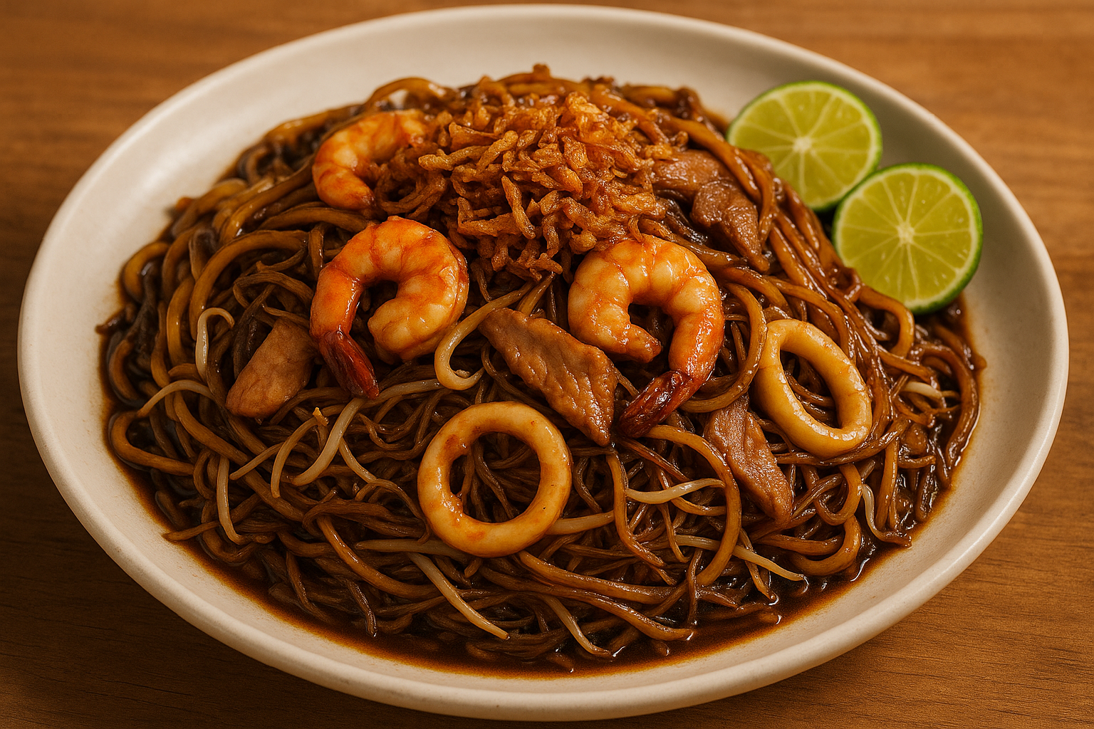 combination hokkien mee with fried shallots